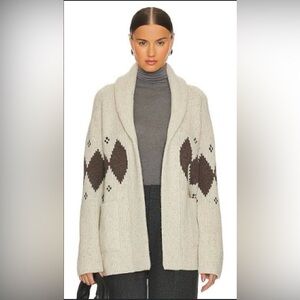 PAIGE Silas Oatmeal Argyle Cardigan Cozy Cream and Brown Women's Sweater Sz S